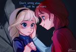  anna_(frozen) bad_id bad_pixiv_id blonde_hair blue_eyes child elsa_(frozen) english eye_contact frozen_(disney) hand_on_own_cheek looking_at_another multiple_girls orange_hair seoji siblings sisters tears time_paradox younger 