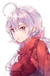 ahoge breasts dsmile large_breasts lavender_hair low_twintails md5_mismatch open_mouth purple_eyes red_shirt scrunchie senki_zesshou_symphogear shirt simple_background solo turtleneck twintails white_background yukine_chris 