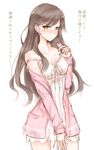  alternate_costume arashio_(kantai_collection) brown_hair kantai_collection kiyonaka_rei lingerie long_hair negligee older solo strap_slip translation_request underwear yellow_eyes 