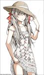  bare_shoulders brown_eyes dress fashion floral_print hand_on_headwear hat hishi_(k-xaby) long_hair one_eye_closed original plant silver_hair simple_background sleeveless sleeveless_dress solo strap_slip straw_hat sundress twintails vines watermark web_address 