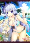  :d absurdres alia's_carnival! beach bikini blue_eyes blue_hair blue_sky breasts cleavage cloud day green_bikini highres huge_filesize large_breasts low_twintails nanao_naru open_mouth outdoors palm_tree scrunchie sky smile solo swimsuit takanashi_nana tree twintails wrist_scrunchie 