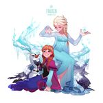  anna_(frozen) bad_id bad_pixiv_id blonde_hair blue_eyes braid closed_eyes elsa_(frozen) frozen_(disney) magic multiple_girls olaf_(frozen) on_floor orange_hair seoji siblings sisters sitting smile twin_braids 