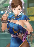  1girl blue_dress bracelet breasts brown_eyes brown_hair bun_cover capcom china_dress chinese_clothes chun-li double_bun dress female fighting_stance hair_bun ho_den_keiji jewelry large_breasts open_mouth pantyhose puffy_short_sleeves puffy_sleeves ripping sash short_hair short_sleeves solo spiked_bracelet spikes street_fighter surprised torn_clothes 