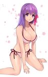  :d arm_support bare_shoulders barefoot bikini breasts cleavage fate/stay_night fate_(series) floral_background hair_ribbon ice_(ice_aptx) kneeling large_breasts long_hair matou_sakura navel open_mouth purple_eyes purple_hair ribbon shiny shiny_hair shiny_skin side-tie_bikini skindentation smile solo swimsuit white_background 