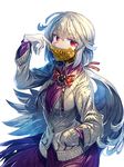  alternate_costume ball_gag bow bowtie cardigan caution_tape covering_mouth dress gag gagged hand_in_pocket kishin_sagume long_sleeves looking_at_viewer red_eyes short_hair silver_hair simple_background single_wing solo touhou vest white_background wings zounose 