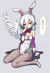  alternate_costume animal_ears bare_shoulders blush breasts bunny_ears bunny_girl bunny_tail bunnysuit cleavage covered_navel detached_collar fake_animal_ears full_body grey_legwear hairband hand_to_own_mouth high_heels kishin_sagume minamura_haruki pantyhose red_eyes short_hair silver_hair simple_background single_wing sketch small_breasts solo tail touhou translated wings wrist_cuffs 