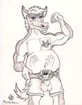  2015 anthro balls beard belly belt bulge chubby clothed clothing duo equine facial_hair flexing grin half-dressed horse male mammal metalsmile muscular navel overweight partially_clothed pecs pose shorts simple_background smile solo_focus standing tattoo toned topless vore white_background 