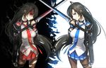  black_hair blue_eyes choker closers dark_persona dual_persona gradient gradient_background long_hair mirror_image multiple_girls rod4817 rod_(rod4817) school_uniform seo_yuri sword yuri_seo 