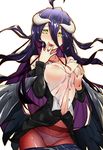  1girl ahoge albedo artist_request black_wings blush breasts business_suit cameltoe cleavage erect_nipples female hair_between_eyes heihei_de_hei_yan_long horns large_breasts licking long_hair looking_at_viewer nipple_slip nipples open_clothes open_shirt overlord_(maruyama) panties panties_under_pantyhose pantyhose purple_hair see-through shirt simple_background skirt_pull slit_pupils solo succubus tongue tongue_out underwear undressing very_long_hair white_background white_panties wings yellow_eyes 