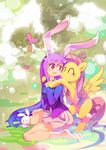 angel_(my_little_pony) animal_ears bangs blush bug bunny_ears butterfly closed_eyes cloud crossover curly_hair fluttershy heart highres insect long_hair multiple_girls my_little_pony my_little_pony_friendship_is_magic open_mouth pegasus pink_hair purple_hair red_eyes reisen_udongein_inaba sidelocks sitting skirt smile socks touhou wariza wings xin_yu_hua_yin 