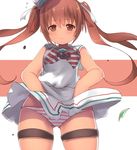  bare_shoulders blush breasts brown_eyes brown_hair dress dress_lift dyson_(edaokunnsaikouya) kantai_collection libeccio_(kantai_collection) looking_at_viewer neckerchief panties sailor_collar sailor_dress small_breasts solo striped striped_neckwear striped_panties twintails underwear white_dress 