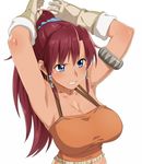  1girl angry armlet armpits arms_up bare_shoulders bellows_(suisei_no_gargantia) blue_eyes blush breasts cleavage clenched_teeth earrings female gloves hoop_earrings jewelry large_breasts long_hair looking_away ponytail raised_eyebrows red_hair shiny shiny_skin simple_background solo suisei_no_gargantia teeth tenchisouha tubetop upper_body white_background 