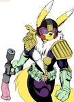  2015 animal_genitalia anthro breasts canine cleavage clothed clothing crossover digimon dildo dildo_gun female fox gun horsecock invalid_tag judge_dredd mammal monochrome penis ranged_weapon renamon sex_toy solo unzipped weapon yawg 