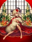  animal_ears bad_id bad_pixiv_id bamboo commentary_request flower geeto_gaadian hair_flower hair_ornament highres horn_ornament horns japanese_clothes kimono light_brown_hair long_hair looking_at_viewer original red_eyes sheep smile solo very_long_hair 