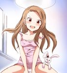  :3 :d blush dress idolmaster idolmaster_(classic) light_brown_hair long_hair looking_at_viewer minase_iori no.gomesu open_mouth panties pantyshot pantyshot_(sitting) pink_dress red_eyes sitting smile solo strap_slip stuffed_animal stuffed_bunny stuffed_toy underwear v-shaped_eyebrows 