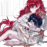  2others androgynous bangs barefoot blue_hair blunt_bangs colored_eyelashes crying crystal_hair diffndk eyebrows_visible_through_hair eyes_closed eyes_visible_through_hair golden_arms highres houseki_no_kuni hug long_hair melting multiple_others padparadscha_(houseki_no_kuni) phosphophyllite phosphophyllite_(ll) red_eyes red_hair sad see-through_sleeves short_hair sitting sitting_on_lap sitting_on_person spoilers tears very_long_hair wavy_hair 