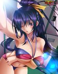  ;o artist_name bare_shoulders bikini blush breast_hold breasts cowboy_shot high_school_dxd high_school_dxd_new highres hikarinogiri himejima_akeno large_breasts leaning_forward navel o-ring o-ring_bikini one_eye_closed outstretched_arm parted_lips ponytail purple_eyes purple_hair reaching_out self_shot solo swimsuit thighs 