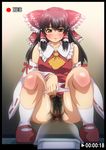  anal_hair anus black_hair blush border detached_sleeves green_eyes hakurei_reimu heitai_gensui highres panties panty_pull parted_lips pubic_hair pussy solo squat_toilet squatting timestamp toilet touhou underwear 