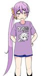 :&lt; akebono_(kantai_collection) arm_behind_back bell blush closed_mouth clothes_writing commentary_request embarrassed flower hair_bell hair_flower hair_ornament hand_on_hip hands_on_hips jingle_bell kantai_collection long_hair open_mouth purple_eyes purple_hair purple_shirt shino_(ponjiyuusu) shirt shitty_admiral_(phrase) side_ponytail skirt solo t-shirt translated v-shaped_eyebrows very_long_hair 