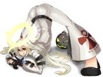  1girl :q ankh arc_system_works ass ball_and_chain ball_and_chain_restraint belt blush bodysuit breasts candy flexible gloves guilty_gear guilty_gear_xrd guilty_gear_xrd:_revelator halo jack-o_(guilty_gear) lollipop long_hair pantylines platinum_blonde red_eyes sakura_inu shadow shiny shiny_clothes simple_background skin_tight smile solo tongue tongue_out top-down_bottom-up white_background 