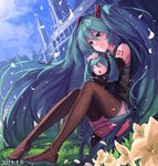  bad_id bad_twitter_id boots brown_legwear character_doll dated day detached_sleeves flower geeto_gaadian green_eyes green_hair hachune_miku hair_ornament hatsune_miku long_hair outdoors petals sitting smile solo thigh_boots thighhighs twintails very_long_hair vocaloid zettai_ryouiki 