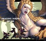  1girl black_sclera blush breast_grab breasts centauroid copyright_name dragon's_dogma dragon's_dogma_online feathered_wings giantess grabbing kuroshio_(zung-man) large_breasts monster_girl nipples nose nude one_eye_closed red_eyes sharp_teeth size_difference sphinx talons teeth wings 