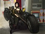  artstation_sample breasts cleavage gashapon ground_vehicle gun headset highres image_sample jacket korean lips motor_vehicle motorcycle namgwon_lee open_clothes open_jacket rifle solo weapon 