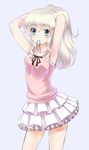  adjusting_hair blue_eyes casual charlotte_(anime) layered_skirt long_hair mouth_hold ponytail rin2008 silver_hair skirt solo standing tank_top tomori_nao 