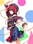  bracelet chain clothes_writing collar hat hecatia_lapislazuli hemogurobin_a1c jewelry looking_at_viewer multicolored multicolored_clothes multicolored_skirt open_mouth polos_crown red_eyes red_hair shirt skirt smile solo touhou 