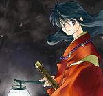  alternate_form black_eyes black_hair floating_hair hattori_min holding inuyasha inuyasha_(character) japanese_clothes jewelry lamp long_hair male_focus necklace pearl_necklace solo sword weapon 