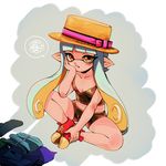  bad_id bad_pixiv_id bike_shorts blue_hair blush bow breasts cleavage collarbone fang fang_out frown hand_on_own_cheek hat hat_bow indian_style inkling lips long_hair multicolored_hair myonmyon_(hama_natu) orange_eyes orange_hair pink_bow pointy_ears porkpie_hat red_footwear shoes sitting small_breasts sneakers solo speech_bubble splatoon_(series) splatoon_1 spoken_squiggle squiggle tentacle_hair two-tone_hair 