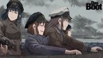  beanie binoculars black_hair brown_eyes brown_hair closed_eyes cloud copyright_name das_boot green_eyes hands_in_pockets hat highres jacket kriegsmarine long_hair looking_back military military_uniform military_vehicle multiple_girls naval_uniform ocean peaked_cap rain saijou_takumi short_hair sky submarine trench_coat uniform water watercraft world_war_ii 