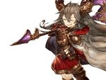  :d bangs benitama breasts cape draph fang granblue_fantasy grey_hair hair_between_eyes hand_on_hip horns huge_weapon large_breasts long_hair open_mouth over_shoulder simple_background smile solo thalatha_(granblue_fantasy) weapon weapon_over_shoulder white_background 