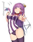  :3 adapted_costume alternate_costume black_legwear blush bow bowtie bun_cover cameltoe crescent doyagao hair_bow hair_bun hair_ornament long_hair looking_at_viewer outstretched_arm panties patchouli_knowledge pokachu purple_eyes purple_hair purple_legwear rei_no_himo shirt simple_background sleeveless smile solo sparkling_eyes striped text_focus thighhighs touhou translated underwear v v-shaped_eyebrows white_background 