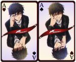  2015 a adjusting_eyewear amamiya_ren artist_name black_eyes black_hair card dual_persona emblem expressionless glasses heart persona persona_5 school_uniform shuujin_academy_uniform smirk spade_(shape) title yellow_eyes 