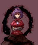  black_skirt breast_hold breasts brooch brown_background cowboy_shot crossed_arms expressionless hairband head_tilt jewelry long_skirt long_sleeves looking_at_viewer masa_(neku) open_mouth puffy_sleeves purple_hair red_background red_eyes shadow simple_background sketch skirt snake solo standing touhou yasaka_kanako 