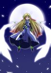  blonde_hair clarino full_moon green_eyes lethal_crisis looking_down mishiro_haruka moon official_art ribbon solo 