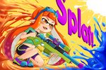  bike_shorts blush commentary_request domino_mask fangs goggles goggles_on_head green_shirt gun highres holding holding_weapon ink_tank_(splatoon) inkling kitsunerider long_hair mask navel open_mouth orange_eyes orange_hair paint paint_splatter pointy_ears reloading rifle shell_casing shirt shoes smile sneakers sniper_rifle solo splatoon_(series) splatoon_1 squatting stomach super_soaker t-shirt tentacle_hair text_focus weapon 