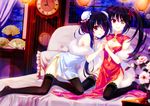  2girls bare_shoulders bed bed_sheet black_hair breasts china_dress chinese_clothes clock clock_eyes date_a_live dress dual_persona fan feet flower gururu hair_over_one_eye hairband hand_holding lantern legs long_hair looking_at_viewer miniskirt multiple_girls no_shoes on_bed open_mouth paper_fan pillow red_eyes ribbon sitting skirt small_breasts smile symbol-shaped_pupils thighhighs thighs tokisaki_kurumi twintails very_long_hair wariza 