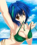  artist_name blue_hair blue_sky blush breasts cleavage collarbone day high_school_dxd highres jun12 large_breasts leaning_forward looking_at_viewer mouth_hold outdoors outstretched_arm reaching_out self_shot sky smile xenovia_quarta yellow_eyes 