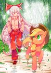  applejack bangs blonde_hair blush bow collared_shirt cowboy_hat crossover forest freckles fujiwara_no_mokou green_eyes hair_bow hands_in_pockets hat highres large_bow long_hair multiple_girls my_little_pony my_little_pony_friendship_is_magic nature pants red_eyes shirt sidelocks silver_hair smile sunlight touhou very_long_hair xin_yu_hua_yin 