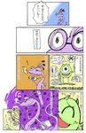  eyewear_removed glasses highres horns lizard_tail michael_wazowski monsters_inc. monsters_university no_humans one-eyed randall_boggs sharp_teeth slit_pupils tail teeth translation_request younger yukineko_(2958609) 
