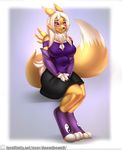  2015 anthro big_breasts black_sclera blishing breasts claws cleavage clothed clothing digimon doomthewolf english_text fan_character female fur gloves hair legwear long_hair looking_at_viewer paws purple_eyes renamon rina shirt sitting skirt slit_pupils solo text tuft white_fur white_hair yellow_fur 