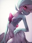  breasts dress dress_lift gardevoir gen_3_pokemon green_hair hair_over_one_eye light_rays navel no_humans no_nipples oinari_sanda pokemon pokemon_(creature) red_eyes revision shiny shiny_skin short_hair small_breasts smile solo 