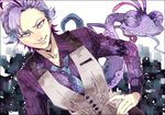  bad_id bad_pixiv_id fangs gashima411 green_eyes grin hands_on_hips lizard_tail monsters_inc. necktie personification purple_hair randall_boggs sharp_teeth slit_pupils smile tail teeth vest 