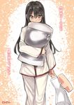  alternate_hairstyle artist_name black_hair brown_eyes character_doll commentary_request doll hair_down holding holding_pillow kantai_collection long_hair looking_at_viewer pajamas pillow sensen solo t-head_admiral tears translated zuikaku_(kantai_collection) 