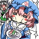  =v= blush_stickers chibi dango eating food hat konpaku_youmu konpaku_youmu_(ghost) mob_cap multiple_girls o_o pink_hair saigyouji_yuyuko sanshoku_dango short_hair silver_hair skewer touhou triangular_headpiece wagashi yagami_(mukage) 