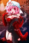  bare_shoulders bdsm blush boots breasts cleavage commentary_request dominatrix elbow_gloves gloves highres large_breasts licking looking_at_viewer nagii_yuki pink_eyes pink_hair red_gloves riding_crop saigyouji_yuyuko short_hair solo thighhighs touhou triangular_headpiece weapon whip 