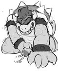  2015 anthro armband barbs bowser breath cum cumshot digital_media_(artwork) drooling erection eyes_closed greyscale hair hi_res horn humanoid_penis kneeling koopa male mario_bros masturbation monochrome nintendo open_mouth orgasm paperclip_(artist) penis saliva scalie shell sitting sketch solo spikes sweat teeth thick_eyebrows video_games wristband 