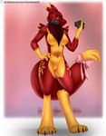  2015 alternate_color anthro bow canine claws digimon doomthewolf english_text fan_character featureless_breasts featureless_crotch female fox fur hand_on_hip mammal markings mask navel nude red_fur renamon ryva_alpharus_hellfyre solo text toe_claws tuft yellow_fur yellow_nose 